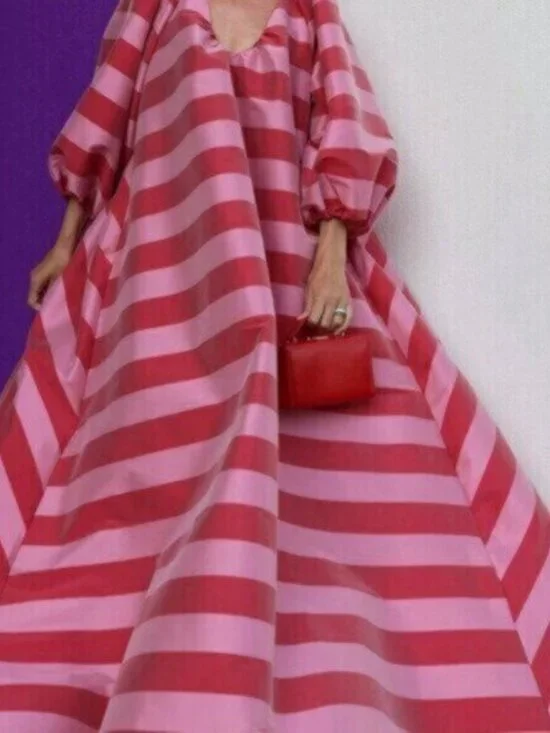 Pink Red Casual Women's V-Neck Striped Maxi Dress - Picture 4 of 7